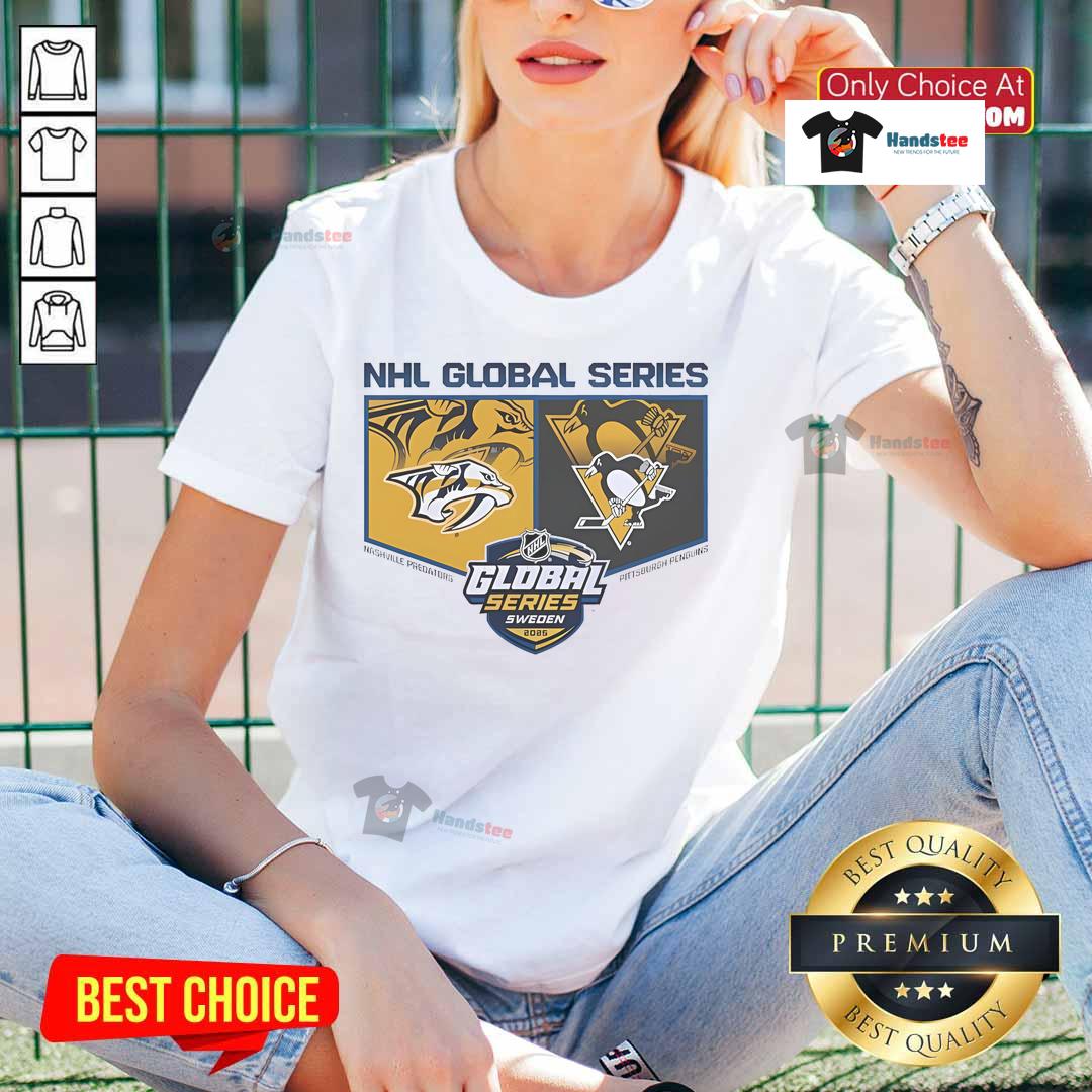 2025 Global Series Ladies Tee featuring Pittsburgh Penguins vs Nashville Predators design, perfect for enthusiastic fans.
