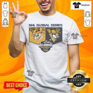 Alt Text: Pittsburgh Penguins vs Nashville Predators 2025 Global Series T-shirt showcasing fan spirit and team colors.