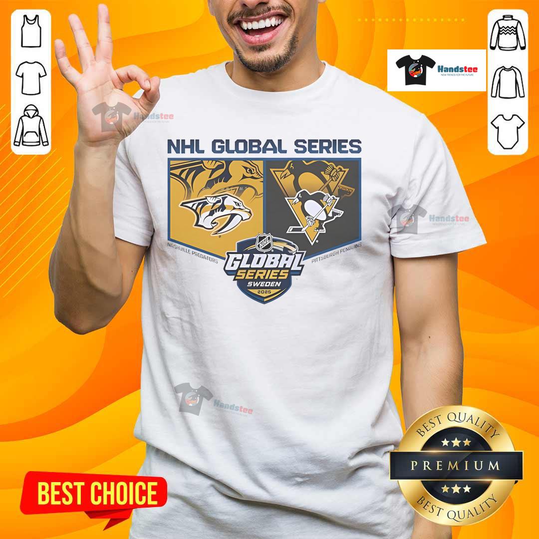 Alt Text: Pittsburgh Penguins vs Nashville Predators 2025 Global Series T-shirt showcasing fan spirit and team colors.