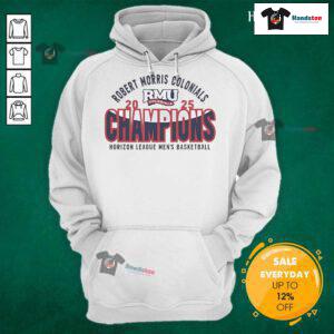 2025 Horizon League Tournament Champions hoodie for Robert Morris Colonials men's basketball in navy blue.