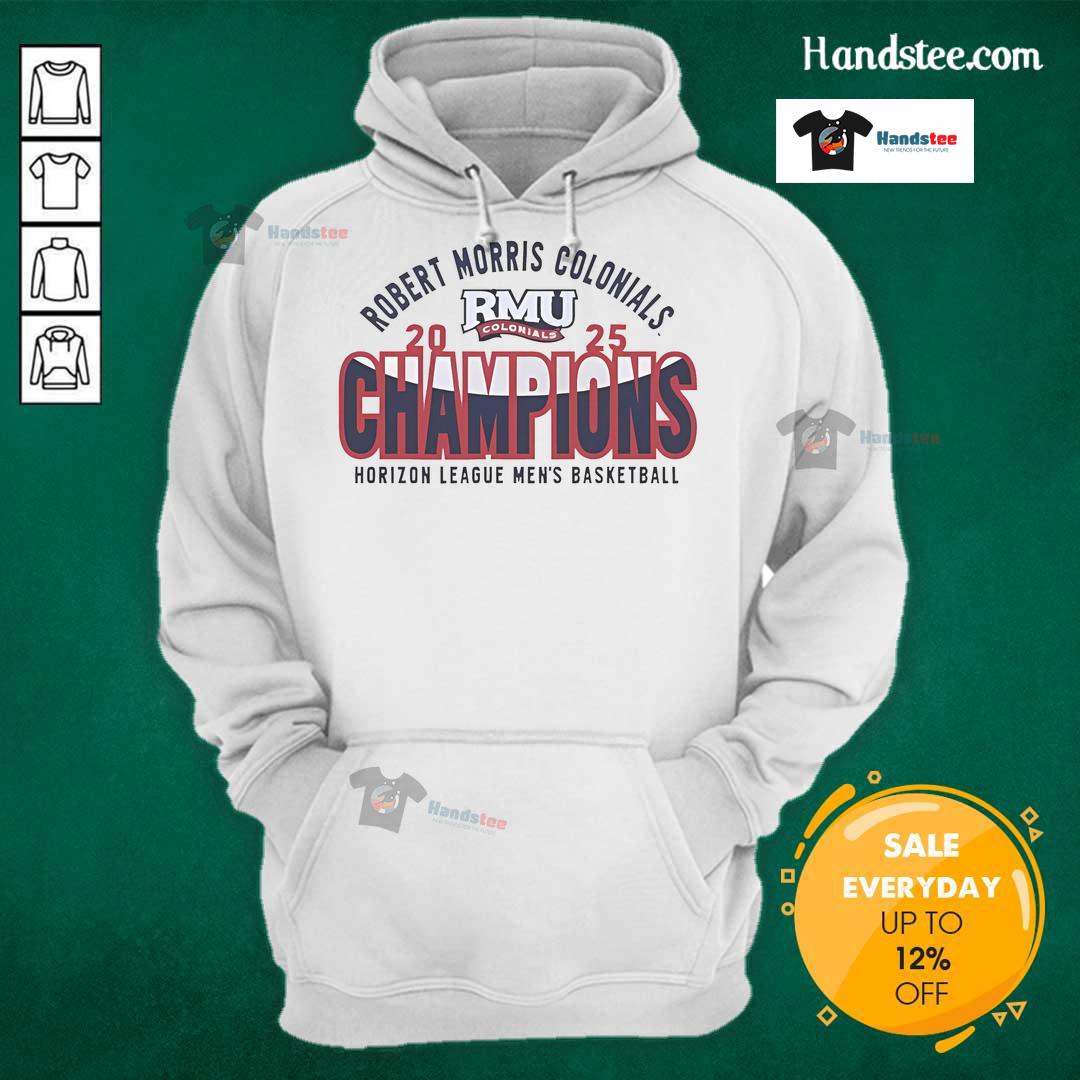 2025 Horizon League Tournament Champions hoodie for Robert Morris Colonials men's basketball in navy blue.