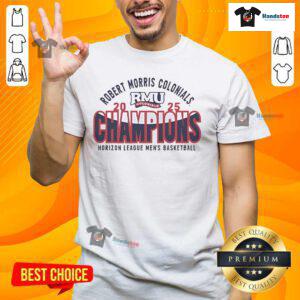 2025 Horizon League Tournament Champions T-Shirt for Robert Morris Colonials Men's Basketball, featuring team logo.