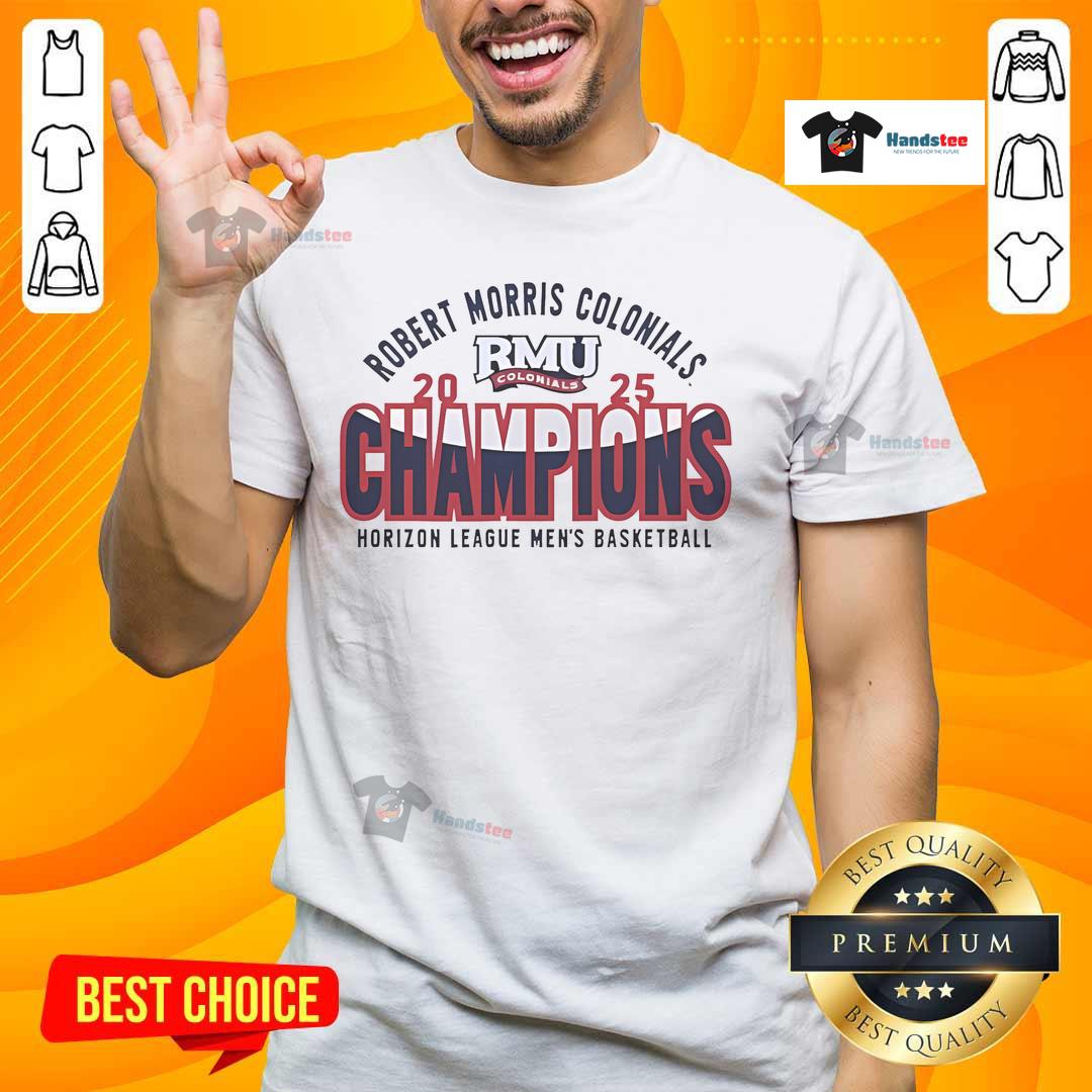 2025 Horizon League Tournament Champions T-Shirt for Robert Morris Colonials Men's Basketball, featuring team logo.