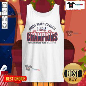 Alt Text: 2025 Horizon League Tournament Champions tank top featuring Nice Robert Morris Colonials men's basketball design.