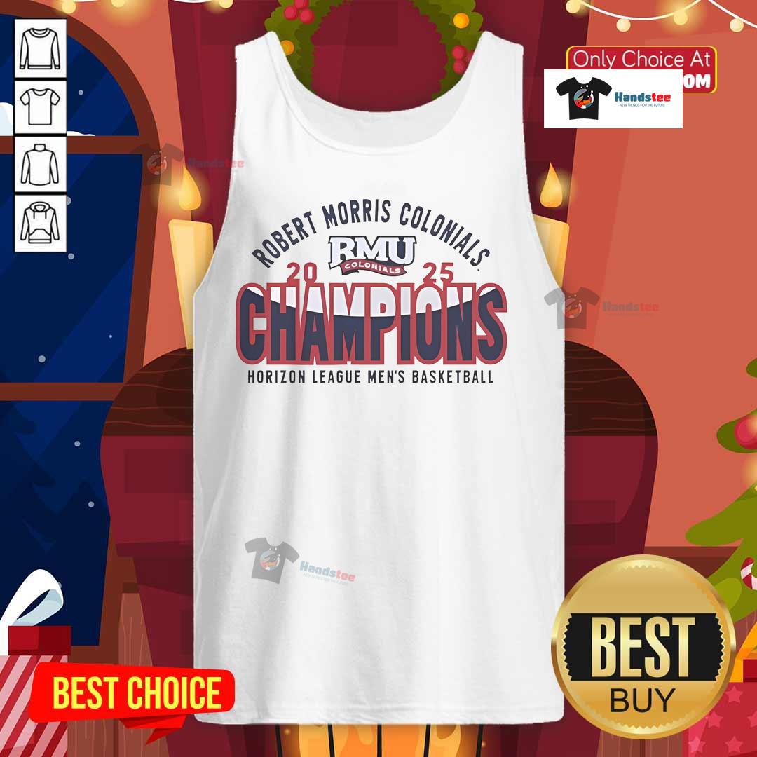 Alt Text: 2025 Horizon League Tournament Champions tank top featuring Nice Robert Morris Colonials men's basketball design.