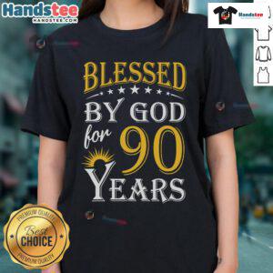Vintage 'Blessed By God for 90 Years' ladies tee, perfect gift for a happy 90th birthday celebration.