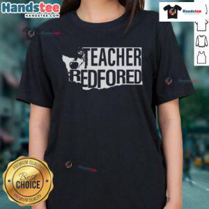 Nice Washington teacher wearing a red 'For Ed' education ladies tee, advocating for better education funding.