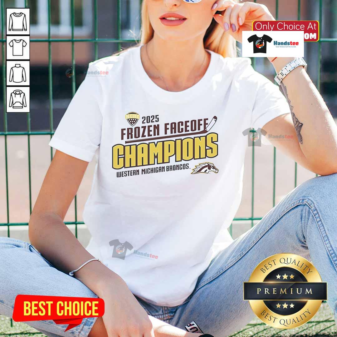Nice Western Michigan Broncos Fanaticity 2025 Frozen Faceoff Champion ladies tee in vibrant colors, perfect for fans.