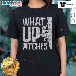 Nice What Up Pitches Rock Climbing Ladies Tee featuring climbers in action against a stunning mountain backdrop.