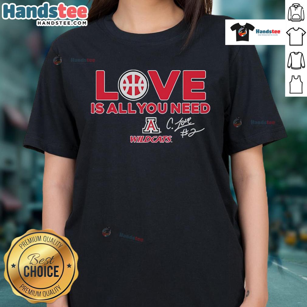 Alt Text: Official Arizona Wildcats Caleb Love Ladies Tee featuring bold graphics and vibrant colors for fans.