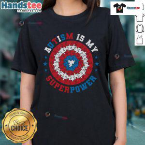 Official Autism Is My Superpower Awareness Inspiration Ladies Tee design featuring vibrant colors and empowering message.