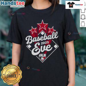 Alt Text: 2025 MLB Network logo on a ladies tee for Official Baseball Eve, showcasing team spirit and style.