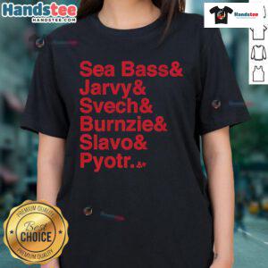 Official Carolina Hockey Ladies Tee featuring Ampersand, Sea Bass, Jarvy, Svech, Burnzie, and Slavo Pyotr design.