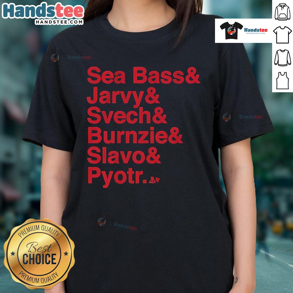 Official Carolina Hockey Ladies Tee featuring Ampersand, Sea Bass, Jarvy, Svech, Burnzie, and Slavo Pyotr design.
