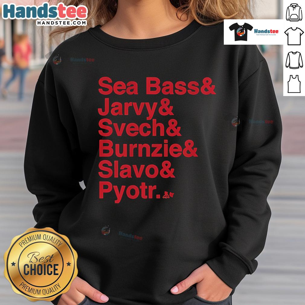 Alt Text: Official Carolina Hockey sweatshirt featuring Ampersand design with Sea Bass, Jarvy, Svech, Burnzie, Slavo, Pyotr graphics.