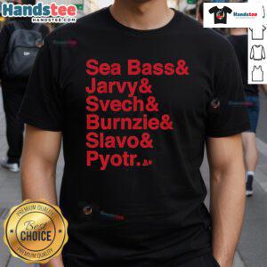 Official Carolina Hockey T-Shirt featuring Ampersand Sea Bass, Jarvy, Svech, Burnzie, Slavo, and Pyotr designs.