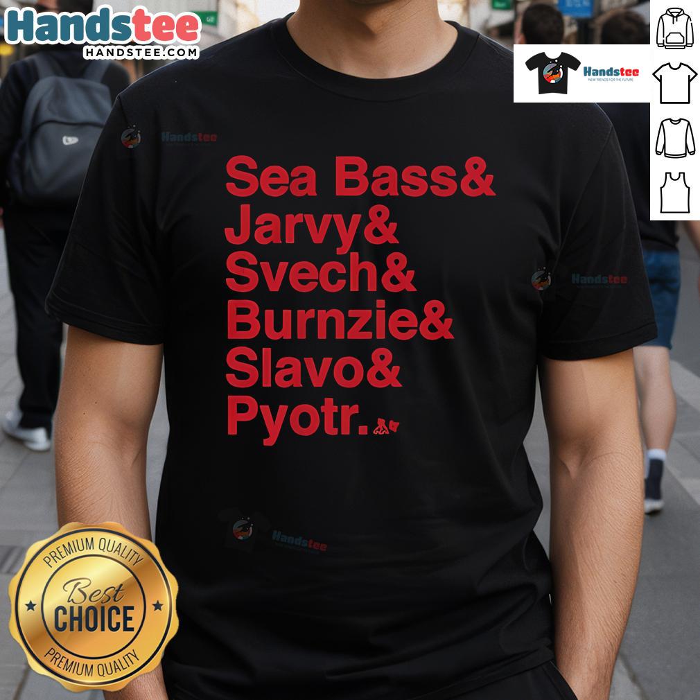 Official Carolina Hockey T-Shirt featuring Ampersand Sea Bass, Jarvy, Svech, Burnzie, Slavo, and Pyotr designs.