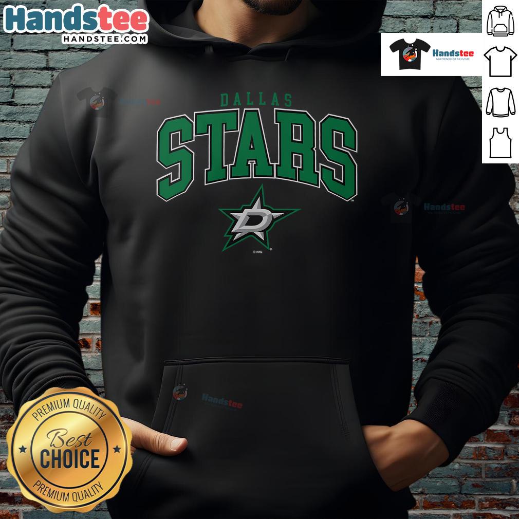 Alt Text: Official Dallas Stars Classic Arched Logo Hoodie featuring a stylish design and team colors for fans.