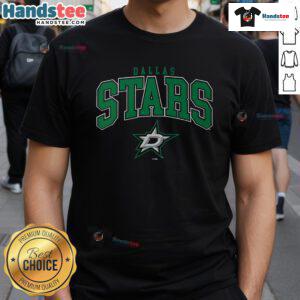 Official Dallas Stars Classic Arched Logo T-Shirt featuring the iconic green and white team logo on a black background.