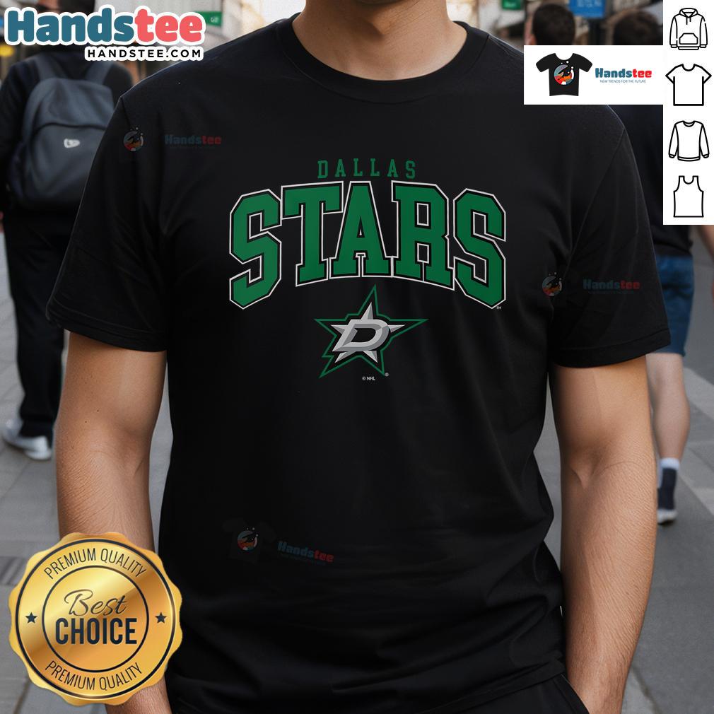 Official Dallas Stars Classic Arched Logo T-Shirt featuring the iconic green and white team logo on a black background.