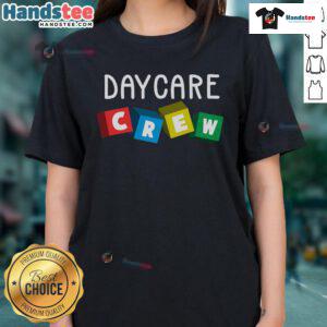 Official Daycare Crew ladies tee featuring vibrant design for childcare providers, perfect for casual or work wear.