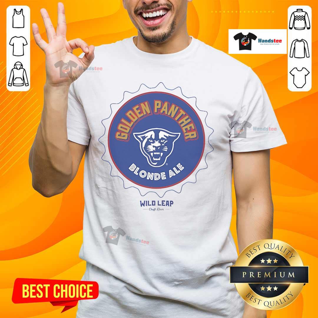 Alt Text: Official Golden Panther Blonde Ale Wild Leap T-Shirt featuring a vibrant design and logo for beer enthusiasts.
