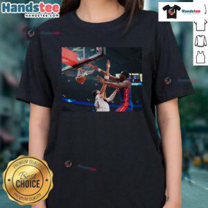 Official Jalen Duren Dunk vs Blazers Ladies Tee showcasing a vibrant design celebrating Duren's slam dunk moment.