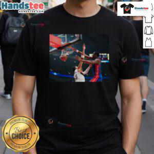 Official Jalen Duren Dunk Vs Blazers T-Shirt featuring vibrant graphic design of Duren's iconic dunk.