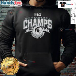 Alt Text: Official Michigan State Spartans 2025 Big Ten men's basketball champions locker room hoodie displayed on a hanger.