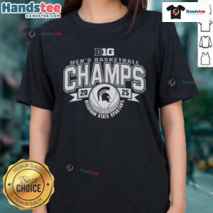 Official Michigan State Spartans 2025 Big 10 Men's Basketball Champions locker room ladies tee shirt design.