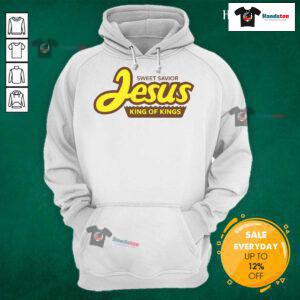 Alt Text: Official Sweet Savior Jesus King of Kings hoodie featuring a bold design and vibrant colors, perfect for faith-inspired fashion.
