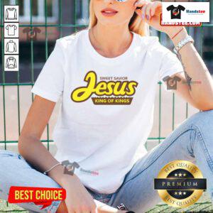 Official Sweet Savior Jesus King of Kings Ladies Tee featuring a stylish design and vibrant colors for women's faith apparel.