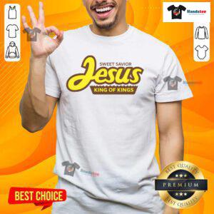 Alt Text: Official Sweet Savior Jesus King Of Kings T-Shirt featuring a vibrant graphic of Jesus and inspirational text.
