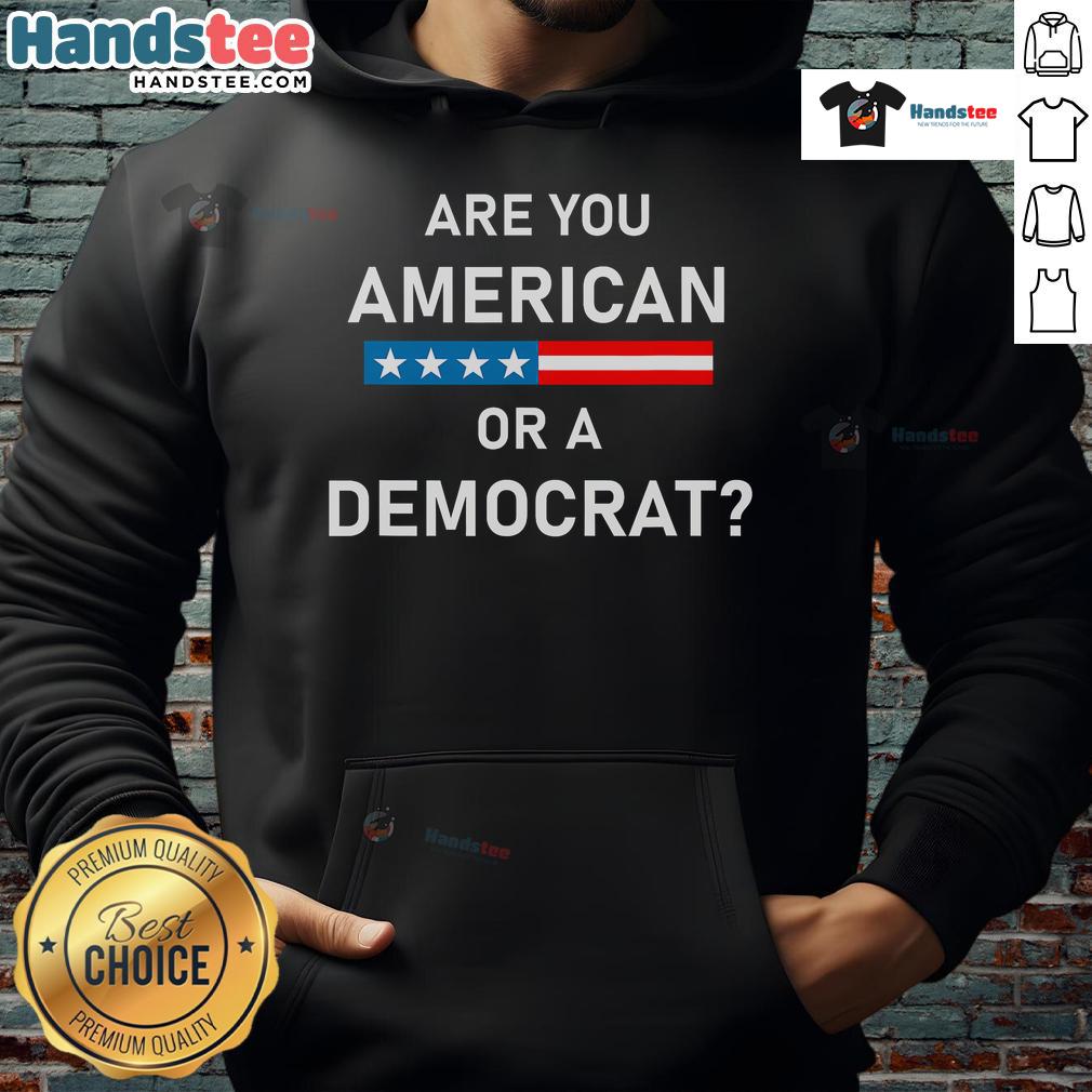 Top Are You American or Democrat hoodie featuring bold text design in a casual style, perfect for political expression.