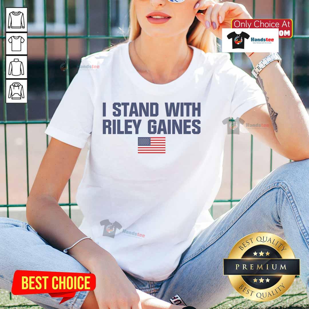 Top I Stand With Riley Gaines American Flag Swimmer Ladies Tee showcasing patriotic design for swim supporters.