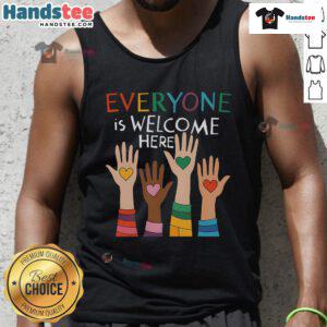 Top Idaho teacher wearing 'Everyone Is Welcome Here' tank top, promoting inclusivity in the classroom and community.