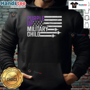 Alt Text: Top Purple Up Military Child Flag design on a cozy purple hoodie, perfect for honoring military families.