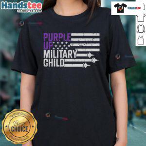 Top Purple Up Military Child Flag on a Purple Up Ladies Tee celebrating military kids' pride and support.