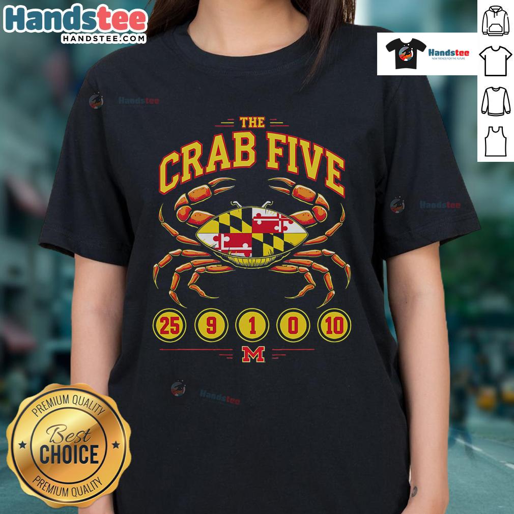 Maryland ladies tee featuring 'Top The Crab' design with five crabs and a vibrant crab flag for coastal style.