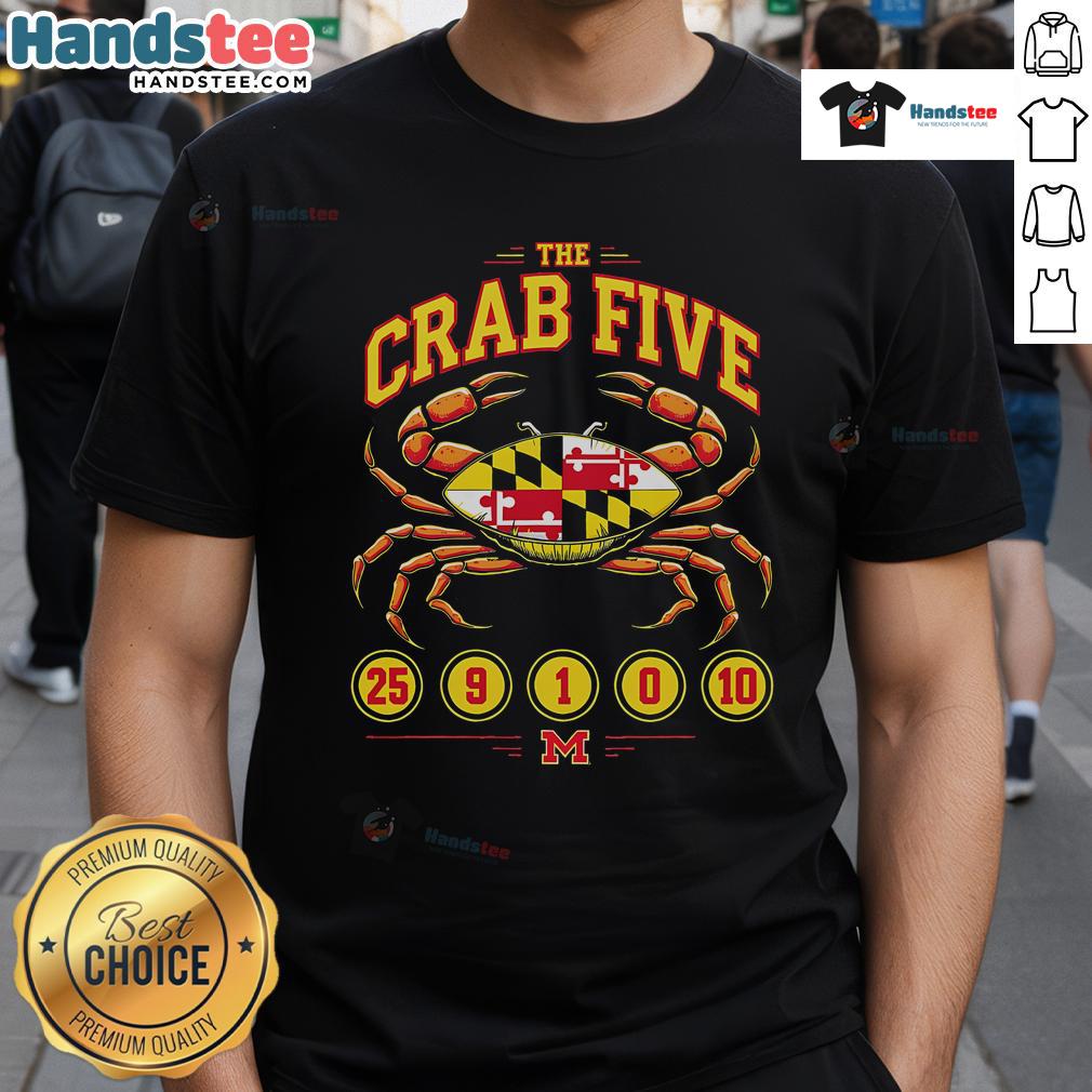 Top The Crab Five Crab Flag Maryland T-Shirt featuring vibrant crab graphics and Maryland flag colors for seafood lovers.
