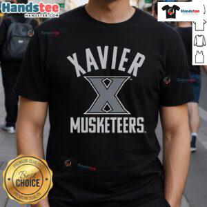 Alt Text: Top Xavier University Musketeers logo T-shirt featuring vibrant colors and a classic design for fans and supporters.