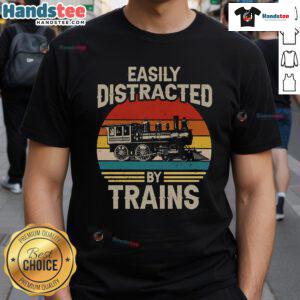 Funny Easily Distracted By Trains T-Shirt for train lovers featuring a railroad sunset design.