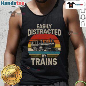 Funny tank top for train lovers featuring a sunset design, perfect for those easily distracted by trains.