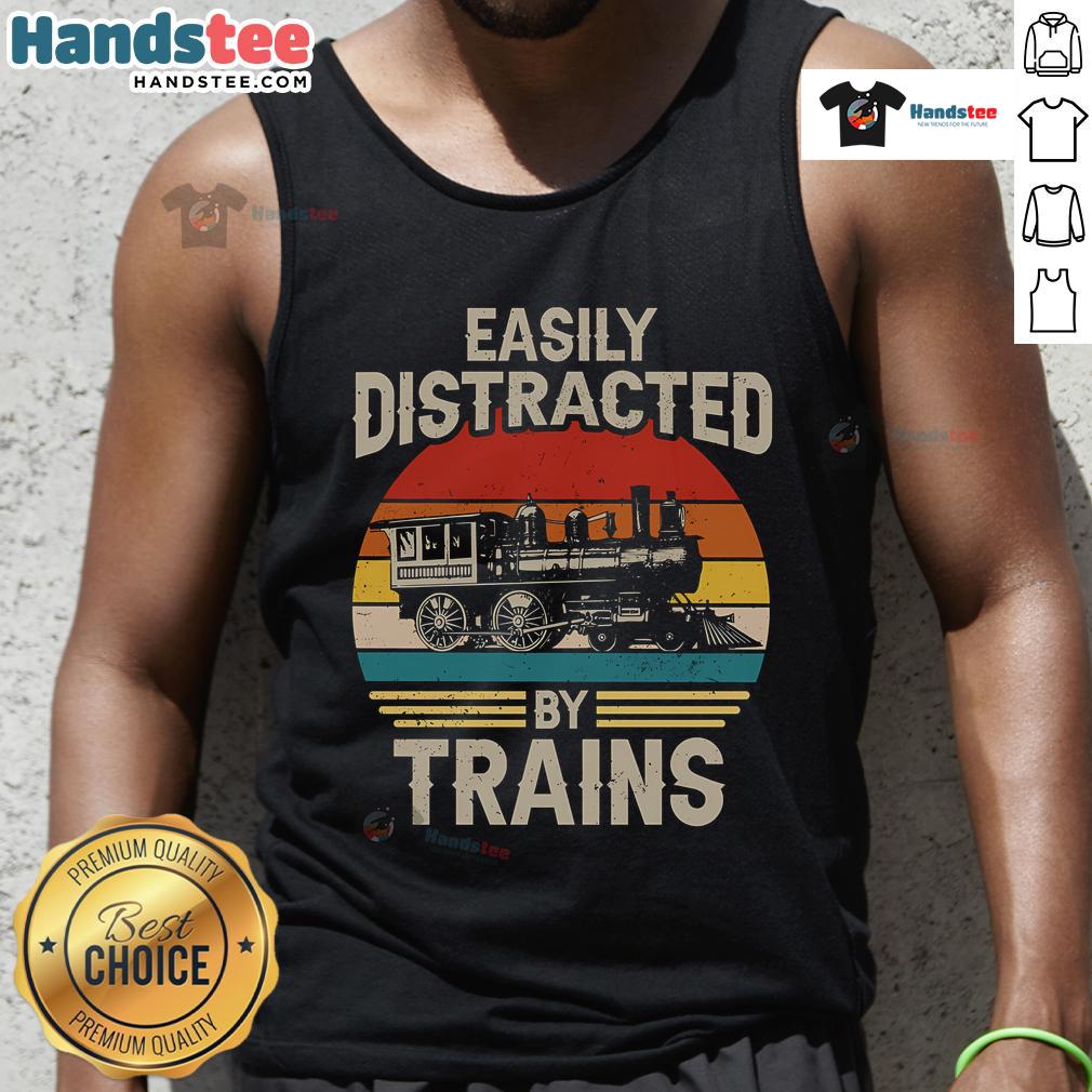 Funny tank top for train lovers featuring a sunset design, perfect for those easily distracted by trains.