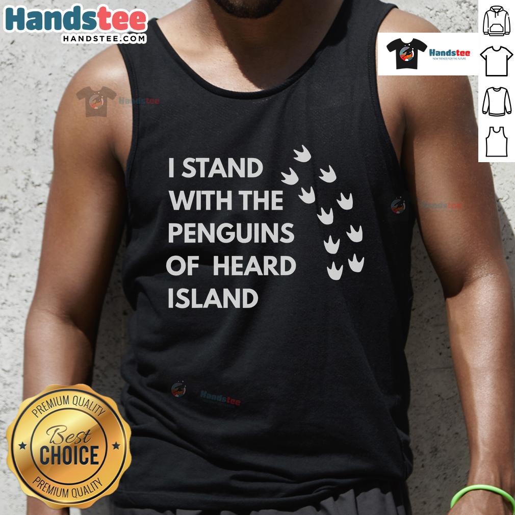 Alt Text: Funny I Stand With The Penguins Of Heard Island tank top design featuring playful penguins in a colorful graphic.