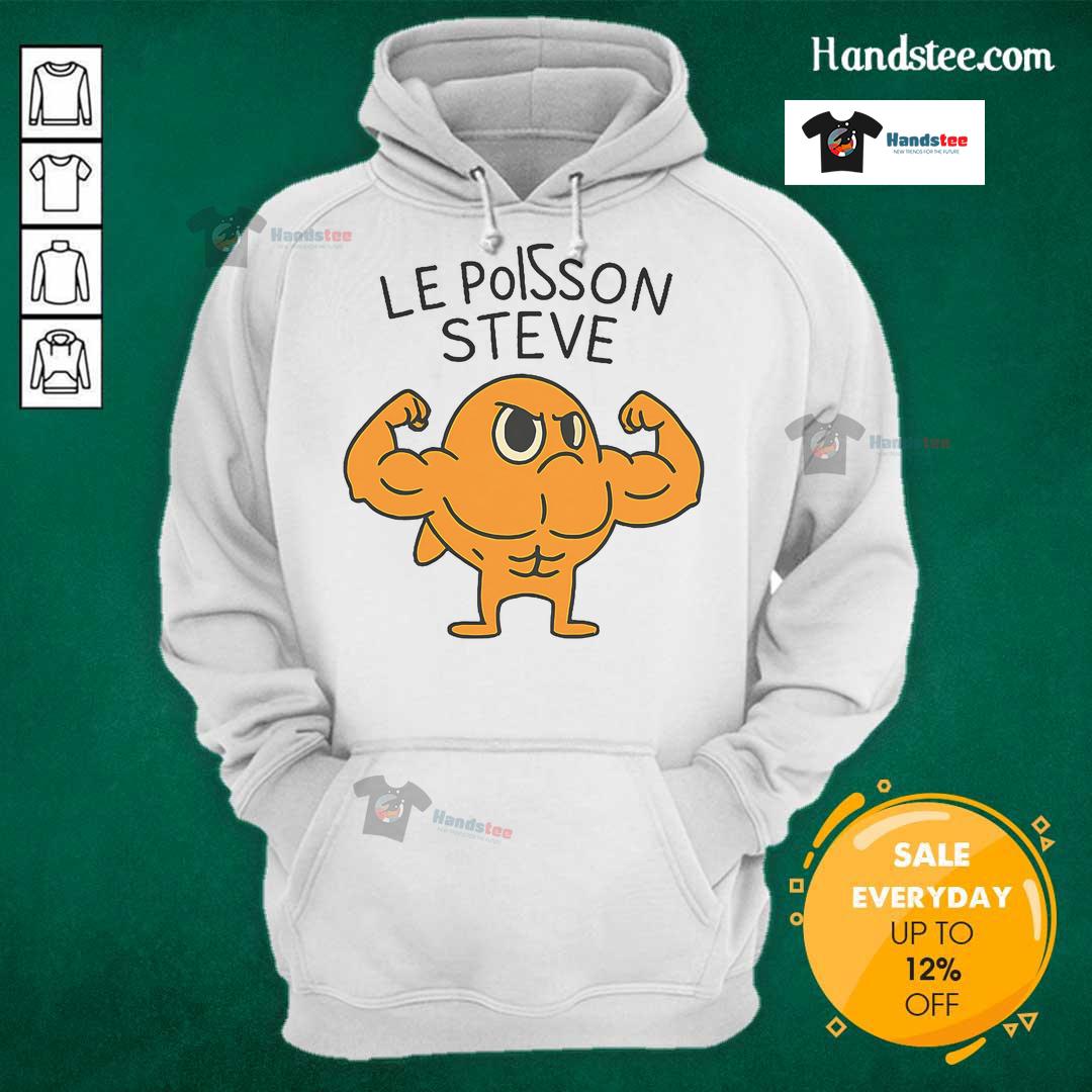 Funny Le Poisson Steve muscular fish cartoon hoodie featuring a vibrant design and playful character.