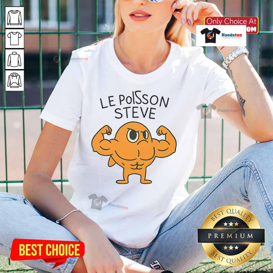 Funny Le Poisson Steve muscular fish cartoon on a ladies tee, perfect for ocean lovers and humor enthusiasts.