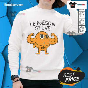 Alt Text: Funny Le Poisson Steve muscular fish cartoon sweatshirt featuring a vibrant, humorous design perfect for casual wear.