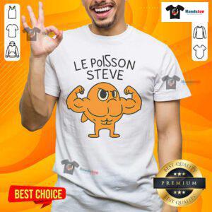 Alt Text: Funny Le Poisson Steve muscular fish cartoon T-shirt design featuring a playful and vibrant aquatic character.