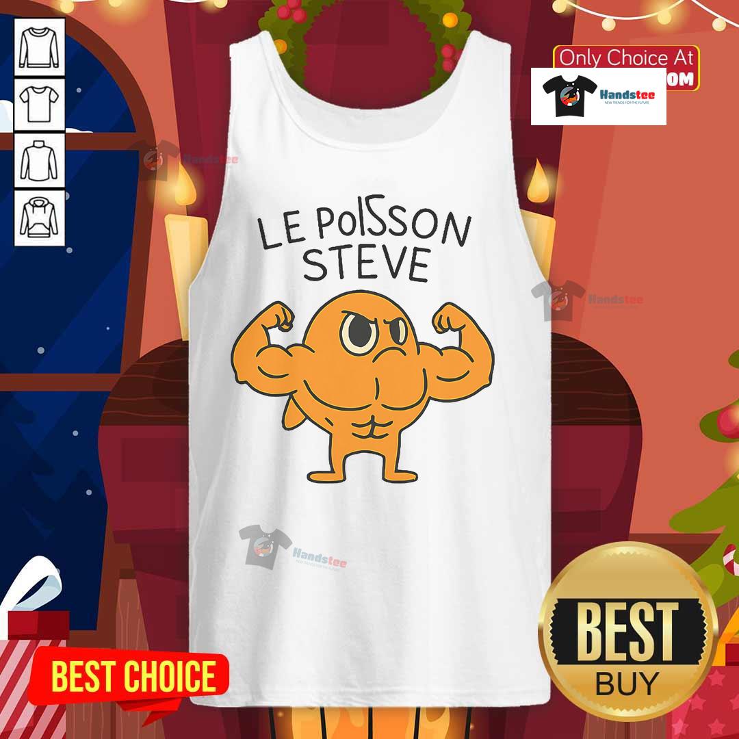 Funny Le Poisson Steve, a muscular fish cartoon in a tank top, showcasing a humorous and vibrant aquatic character.
